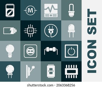 Set Processor with microcircuits CPU, Electric light switch, Light emitting diode, Electrical measuring instruments, Battery charge level indicator, Multimeter and plug icon. Vector