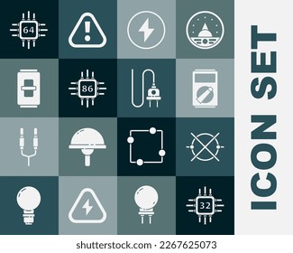 Ajuste el procesador con la CPU de microcircuitos, el esquema eléctrico, el multímetro, el tornillo Lightning, el interruptor de luz y el icono de enchufe. Vector