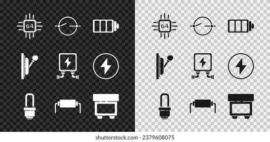 Set Processor with microcircuits CPU, Electric scheme, Battery charge level indicator, LED light bulb, Resistor electricity, Fuse, Electrical panel and transformer icon. Vector