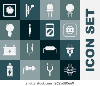 Set Processor with microcircuits CPU, Electric plug, Electrical outlet, Light emitting diode, Audio jack, bulb concept of idea, light switch and Multimeter icon. Vector