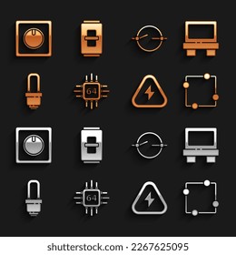 Set Processor with microcircuits CPU, Fuse, Electric scheme, High voltage, LED light bulb, switch and  icon. Vector
