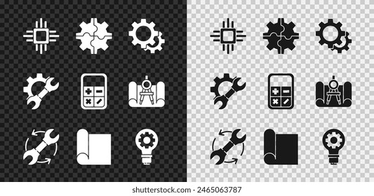 Set Processor with microcircuits CPU, Gear, Wrench and arrows as workflow, Graphing paper for engineering, Light bulb gear, spanner and Calculator icon. Vector