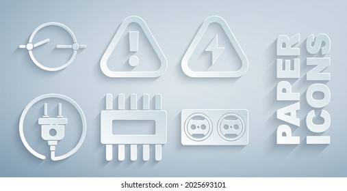 Set Processor with microcircuits CPU, High voltage, Electric plug, Electrical outlet, Exclamation mark in triangle and scheme icon. Vector