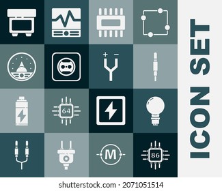 Set Processor with microcircuits CPU, Light bulb concept of idea, Audio jack, Electrical outlet, Ampere meter, multimeter, voltmeter, Fuse and cable icon. Vector