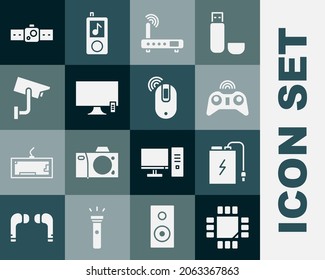 Set Processor with microcircuits CPU, Power bank charge cable, Wireless gamepad, Router and wi-fi signal, Smart Tv, Security camera, Smartwatch and computer mouse icon. Vector
