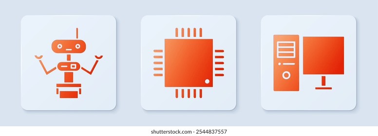 Set Processor with microcircuits CPU, Robot and Computer monitor. White square button. Vector