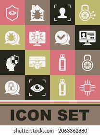 Set Processor with microcircuits CPU, Safe combination lock, Create account screen, Face recognition, System bug monitor, Shield and eye and Check mark speech bubble icon. Vector