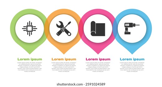 Set Processor with microcircuits CPU, Screwdriver and wrench spanner, Graphing paper for engineering and Electric drill machine. Business infographic template. Vector