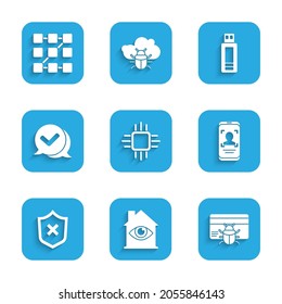 Set Processor with microcircuits CPU, System bug in credit card, Mobile and face recognition, Shield cross mark, Check speech bubble, USB flash drive and Graphic password protection icon. Vector