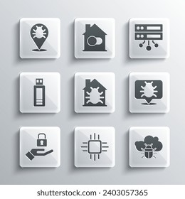 Set Processor with microcircuits CPU, System bug on a cloud, House system, Lock in hand, USB flash drive,  and Server, Data, Web Hosting icon. Vector