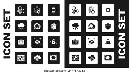 Establecer procesador con microcircuitos CPU, error del sistema, Internet de las cosas, seguridad cibernética, escudo pared de ladrillos, huella dactilar cancelada, y en el icono del monitor. Vector