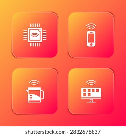 Set Processor with microcircuits CPU, Wireless smartphone, Smart electric kettle and Tv system icon. Vector