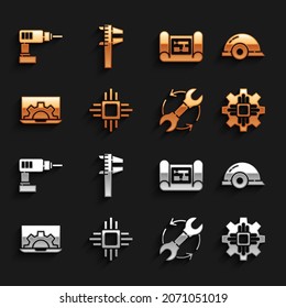Set Processor with microcircuits CPU, Worker safety helmet, Wrench and arrows as workflow, Laptop gear, House plan, Electric drill machine and Calliper caliper scale icon. Vector