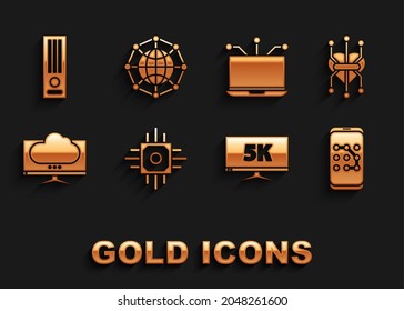 Set Processor, Mobile and graphic password protection, Monitor display with 5k video, Computer monitor screen, Laptop, Video game console and Global technology social network icon. Vector