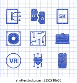 Set Processor, Mobile and graphic password protection, Cloud technology data transfer storage, Virtual reality, Computer cooler, Tablet with text 5k and  icon. Vector