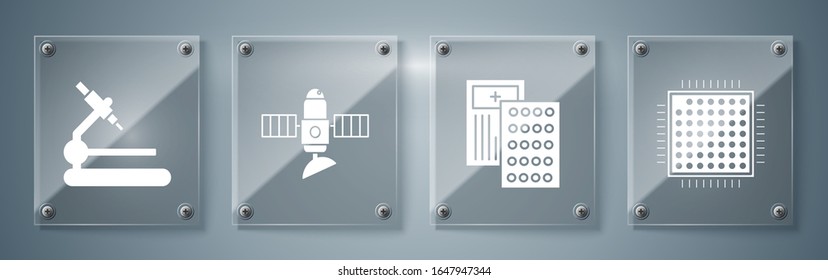 Set Processor, Pills in blister pack, Satellite and Microscope. Square glass panels. Vector