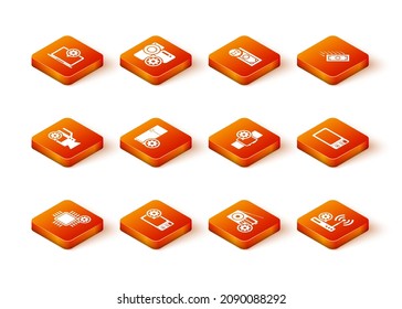 Set Processor setting, Microwave oven, Video camera, Refrigerator, Radio and Smartwatch icon. Vector