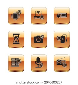 Set Processor setting, Server, Microphone, Photo camera, Old hourglass with sand and Fast payments icon. Vector