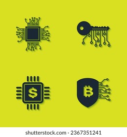 Set Processor, Shield with bitcoin, chip dollar and Cryptocurrency key icon. Vector