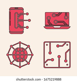 Set Processor, Smartphone, mobile phone, Laptop and Global technology or social network icon. Vector