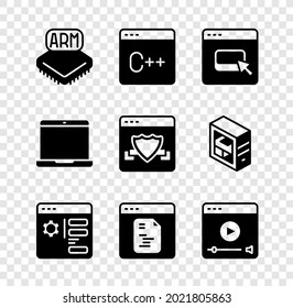 Set Processor, Software, Browser files, setting, Online play video, Laptop and with shield icon. Vector