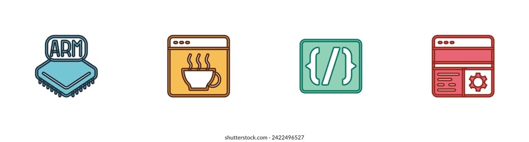 Set Processor, Software, Programming language syntax and Debugging icon. Vector