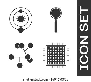 Set Processor, Solar system, Molecule and Magnifying glass icon. Vector