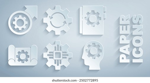 Set Processor, User manual, Graphing paper and gear, Human head with inside, Gear arrows as workflow and process icon. Vector