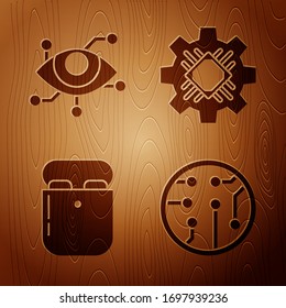 Set Processor, Virtual reality, Air headphones in box and Processor on wooden background. Vector