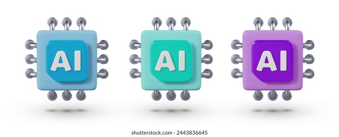 Conjunto de procesadores de diferentes colores con inscripción AI. Circuitos electrónicos vectoriales realistas