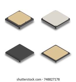 Set of processors of different shapes isolated on white background. Elements design of electronic components. 3D isometric style, vector illustration.