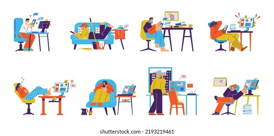 Set of procrastinating people in different situations flat style, vector illustration isolated on white background. Man and woman sleeping, chatting and searching social media instead of doing tasks