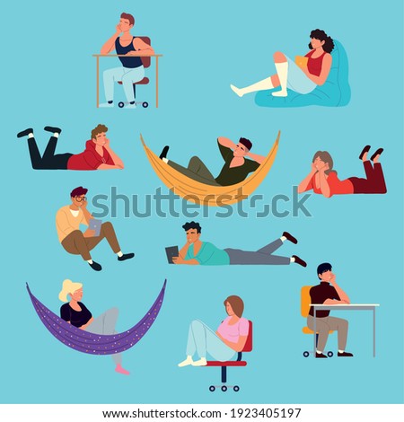 set procrastination, people resting, realxing, bored vector illustration design