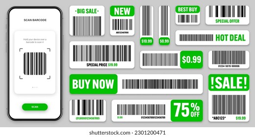 Conjunto de códigos de barras de productos. Oferta especial verde, etiquetas de venta, etiqueta de descuento de compra o insignia promocional. Número de serie, ID del producto. Etiquetas de escaneo de tienda o supermercado, etiqueta de precio. Ilustración del vector