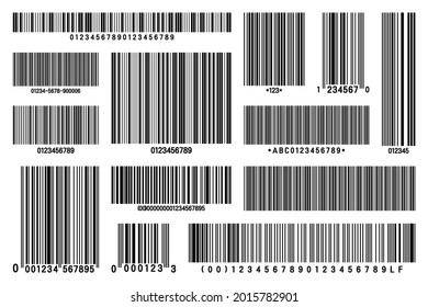 Conjunto de códigos de barras de productos. Código de seguimiento de identificación. Número de serie, ID del producto con información digital. Etiquetas de escaneo de tienda o supermercado, etiqueta de precio. Ilustración vectorial.