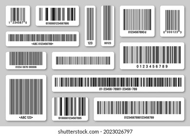 Set of product barcodes. Identification tracking code. Serial number, product ID with digital information. Store or supermarket scan labels, price tag. Vector illustration.