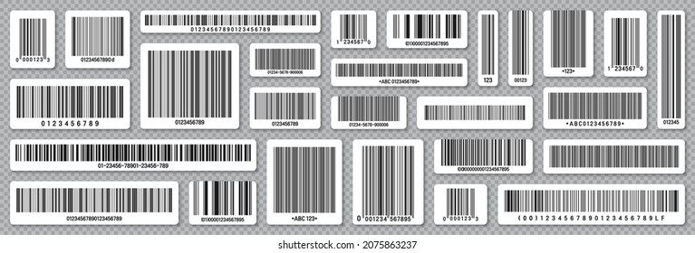 Set of product barcodes. Identification tracking code. Serial number, product ID with digital information. Store or supermarket scan labels, price tag. Vector illustration.