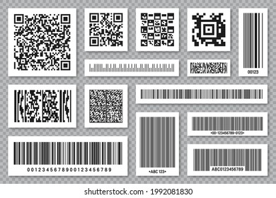 Set of product barcodes and QR codes. Identification tracking code. Serial number, product ID with digital information. Store or supermarket scan labels, price tag. Vector illustration.