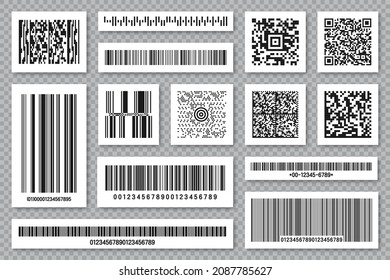 Conjunto de códigos de barras de productos y códigos QR. Código de seguimiento de identificación. Número de serie, ID del producto con información digital. Etiquetas de escaneo de tienda o supermercado, etiqueta de precio. Ilustración vectorial.