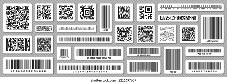 Set of product barcodes and QR codes. Identification tracking code. Serial number, product ID with digital information. Store or supermarket scan labels, price tag. Vector illustration.