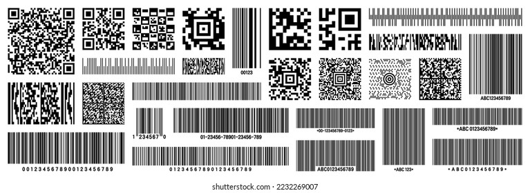 Set of product barcodes and QR codes. Identification tracking code. Serial number, product ID with digital information. Store or supermarket scan labels, price tag. Vector illustration.