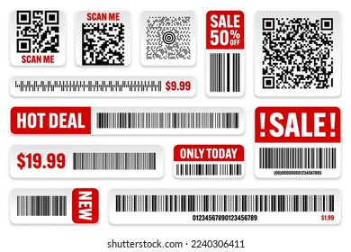 Set of product barcodes and QR codes. Special offer, sale stickers, shopping discount label or promotional badge. Serial number, product ID. Supermarket retail label, price tag. Vector illustration