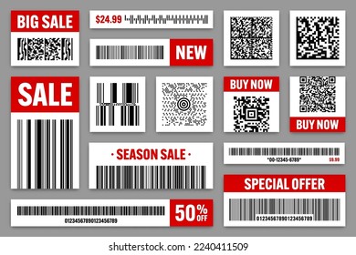 Set of product barcodes and QR codes. Special offer, sale stickers, shopping discount label or promotional badge. Serial number, product ID. Supermarket retail label, price tag. Vector illustration