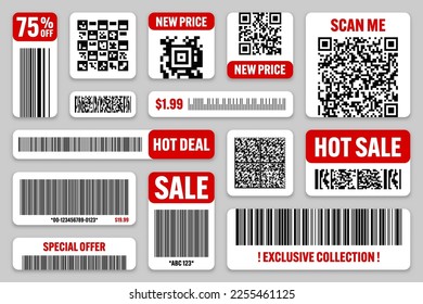 Conjunto de códigos de barras de productos y códigos QR. Oferta especial, etiquetas de venta, etiqueta de descuento de compra o insignia promocional. Número de serie, ID del producto. Etiqueta de supermercado, etiqueta de precio. Ilustración del vector