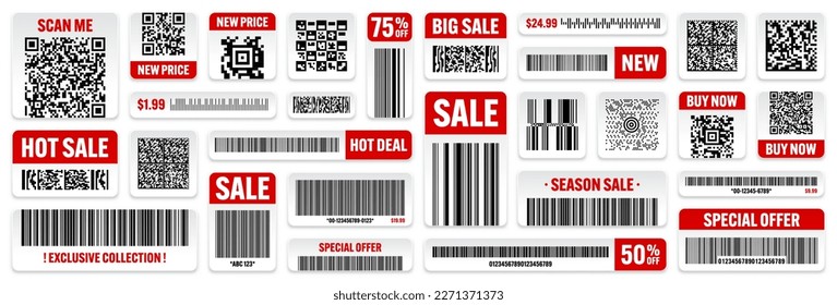 Conjunto de códigos de barras de productos y códigos QR. Oferta especial, etiquetas de venta, etiqueta de descuento de compra o insignia promocional. Número de serie, ID del producto. Etiqueta de supermercado, etiqueta de precio. Ilustración del vector