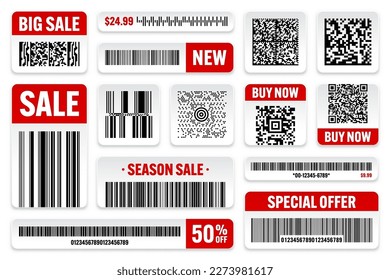 Set von Produkt-Strichcodes und QR-Codes. Sonderangebot, Verkaufsaufkleber, Rabattmarken oder Werbeplakette. Seriennummer, Produkt-ID. Supermarkt-Handelsmarke, Preisschild. Vektorgrafik