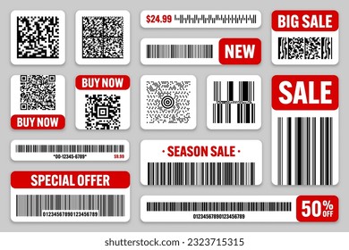 Set of product barcodes and QR codes. Special offer, sale stickers, shopping discount label or promotional badge. Serial number, product ID. Supermarket retail label, price tag. Vector illustration