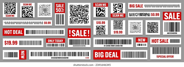 Set of product barcodes and QR codes. Special offer, sale stickers, shopping discount label or promotional badge. Serial number, product ID. Supermarket retail label, price tag. Vector illustration