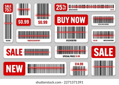 Set of product barcodes with red scanning line. Sale stickers, discount label or promotional badge. Serial number, product ID. Store or supermarket scan labels, price tag. Vector illustration