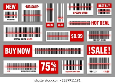 Set of product barcodes with red scanning line. Sale stickers, discount label or promotional badge. Serial number, product ID. Store or supermarket scan labels, price tag. Vector illustration